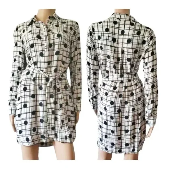 Cynthia Steffe Women's Navy Blue Polka Dot Plaid White Shirt Shift Dress Size 2 - Picture 2 of 14